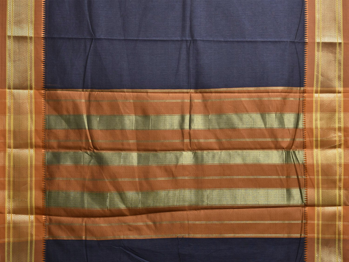 Navy and Fawn Bamboo Cotton Plain Saree with Contrast Pallu Design No Blouse bc0814