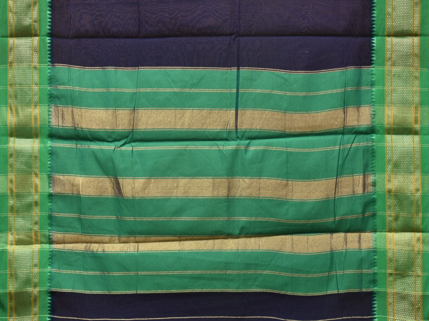 Navy and Green Bamboo Cotton Plain Saree with Paithani Border Design No Blouse bc0228