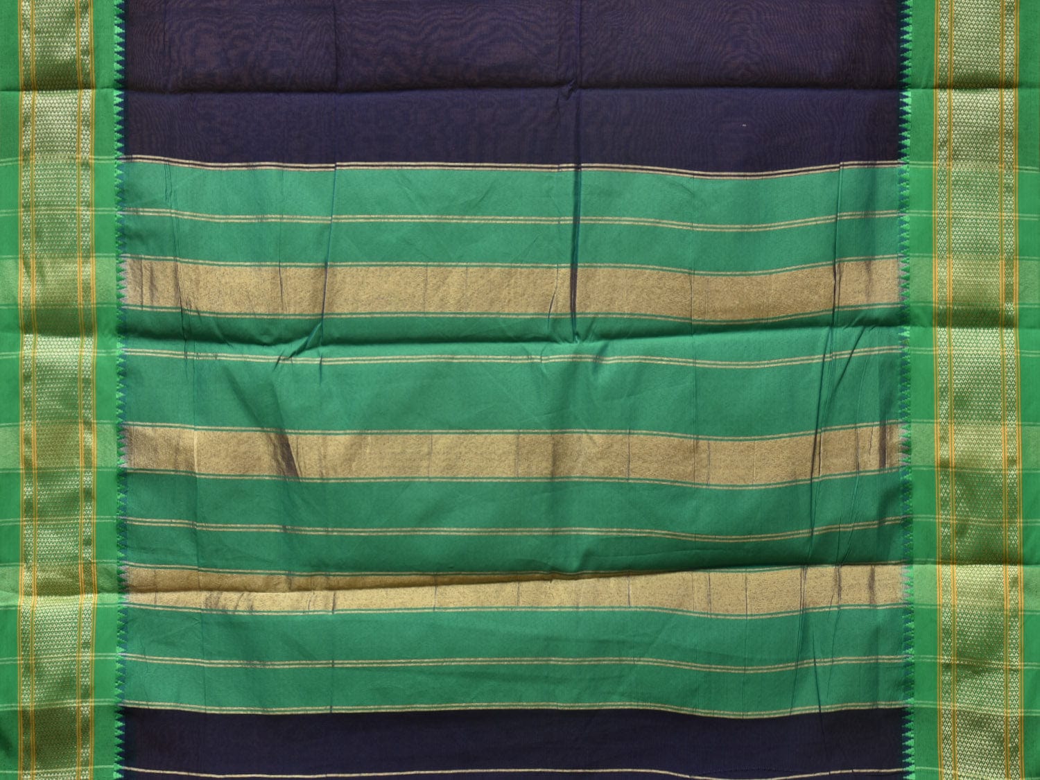 Navy and Green Bamboo Cotton Plain Saree with Paithani Border Design No Blouse bc0228