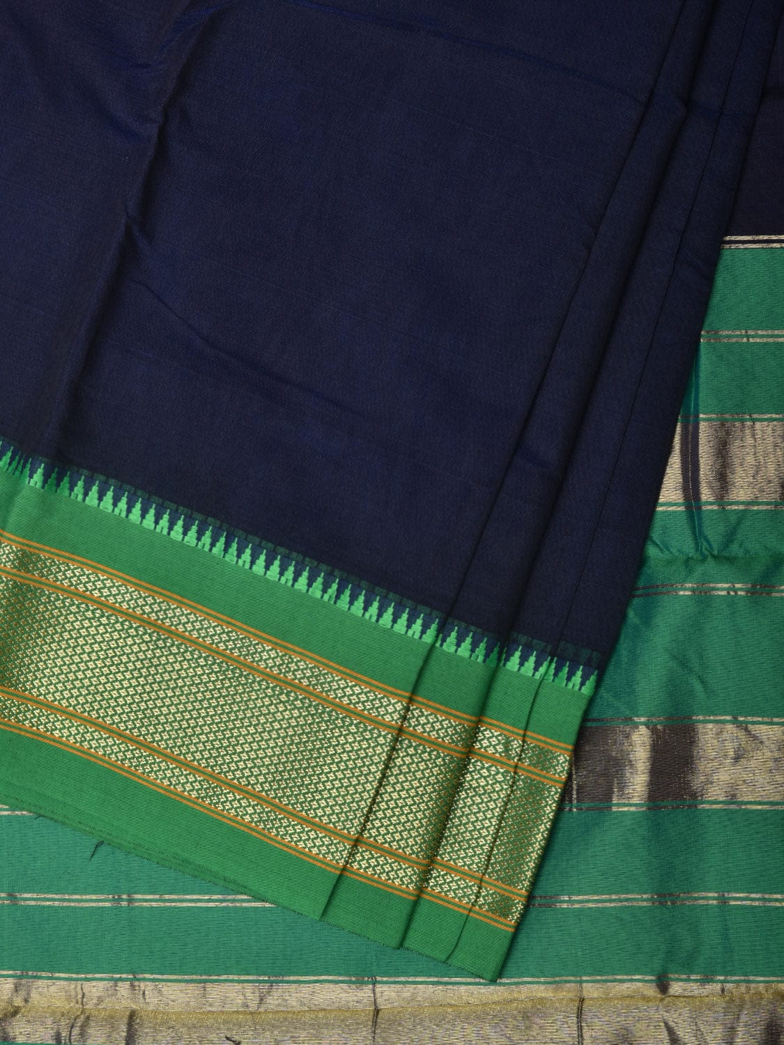Navy and Green Bamboo Cotton Plain Saree with Paithani Border Design No Blouse bc0228