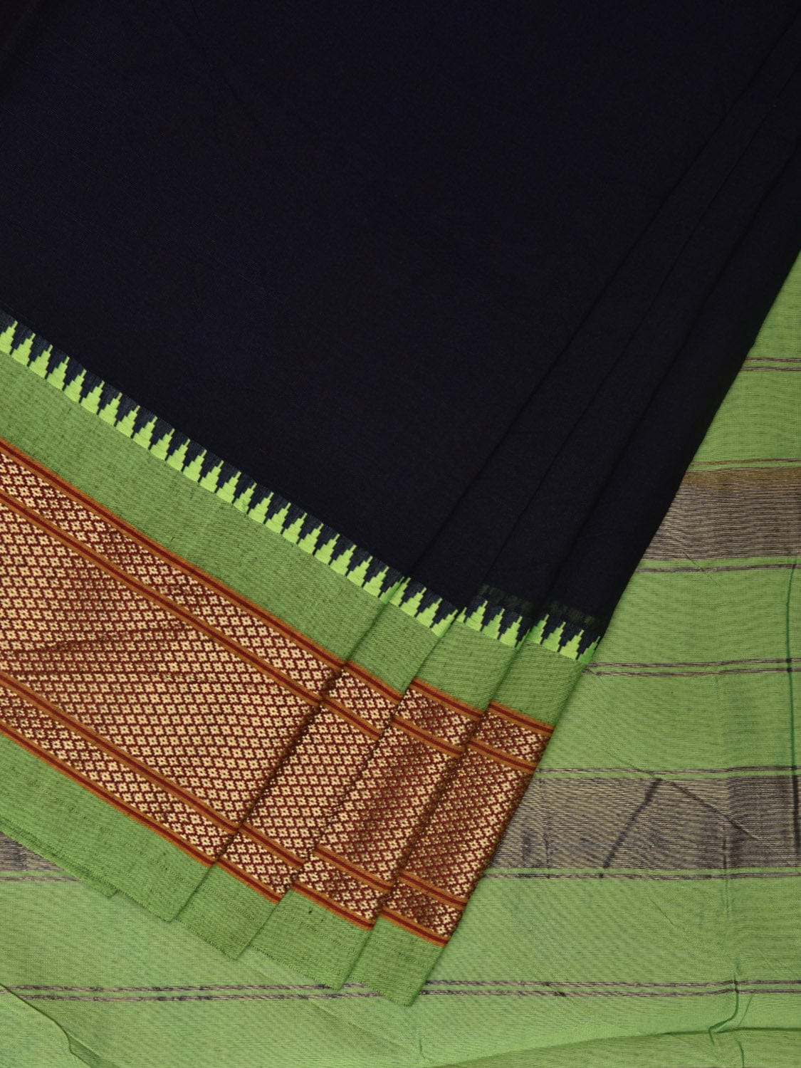 Navy and Green Bamboo Cotton Plain Saree with Strips Pallu Design No Blouse bc0351