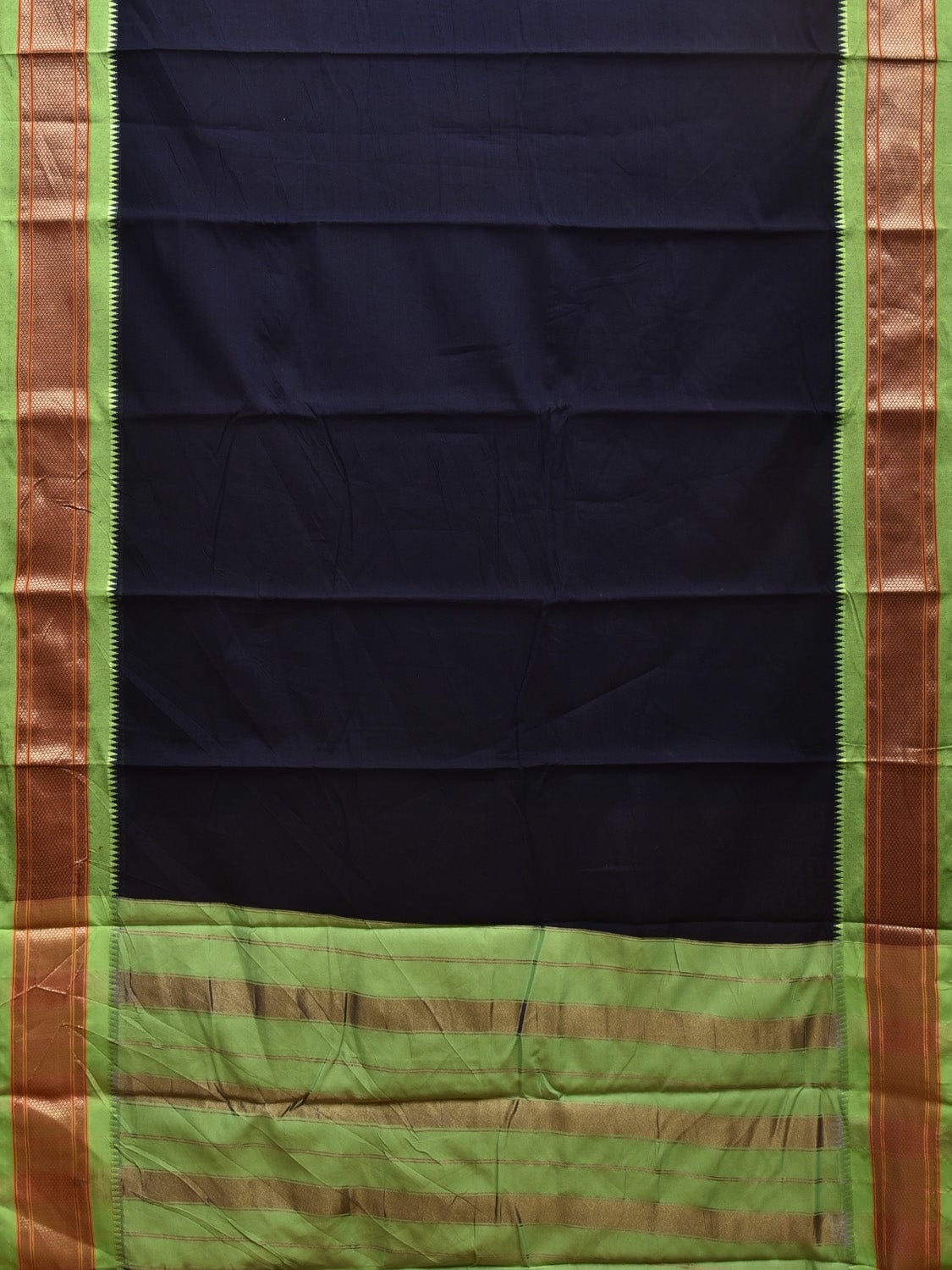 Navy and Green Bamboo Cotton Plain Saree with Strips Pallu Design No Blouse bc0351