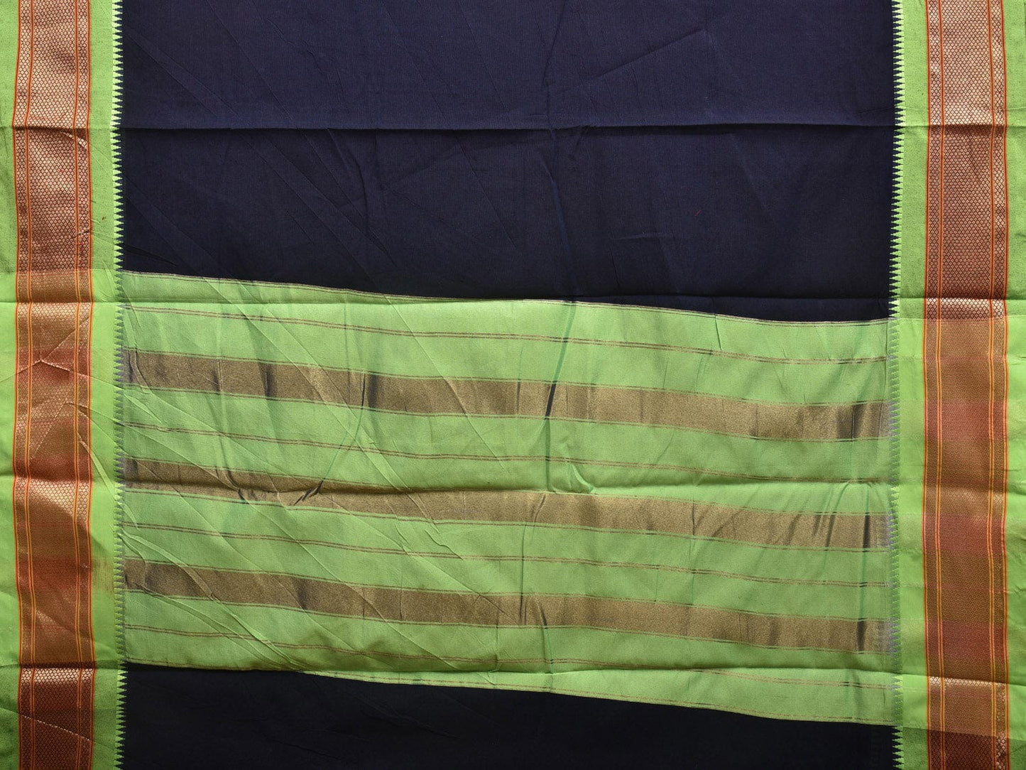 Navy and Green Bamboo Cotton Plain Saree with Strips Pallu Design No Blouse bc0351