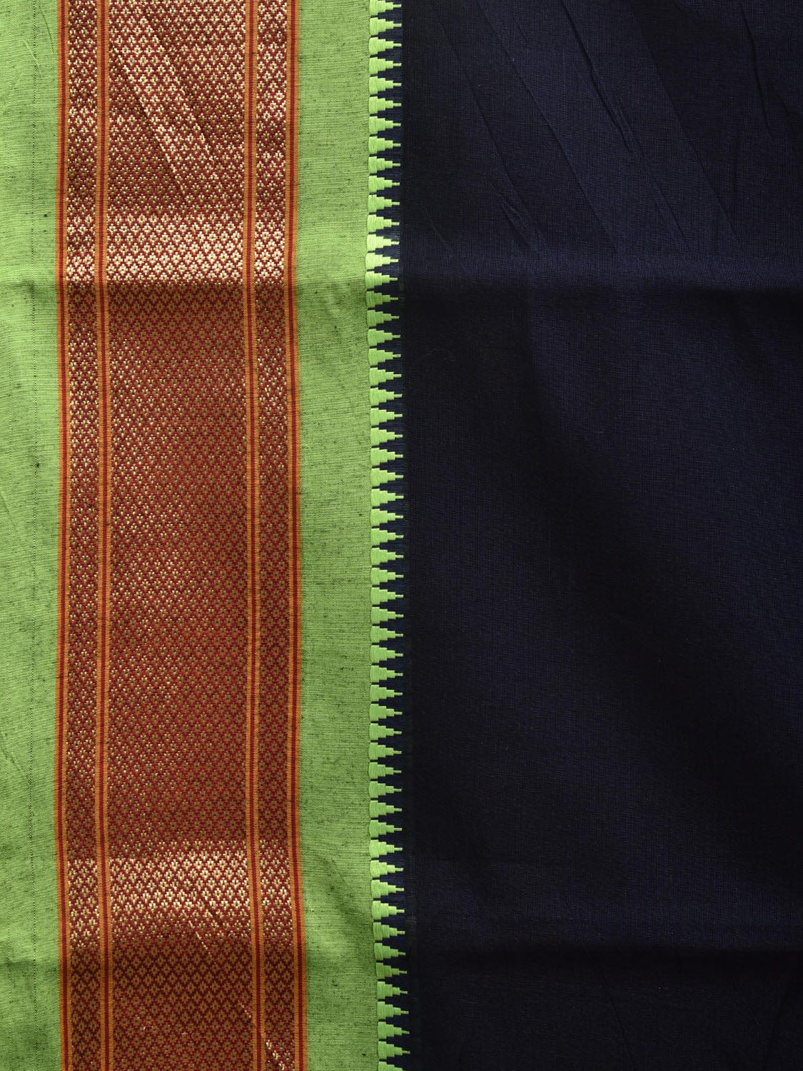 Navy and Green Bamboo Cotton Plain Saree with Strips Pallu Design No Blouse bc0351