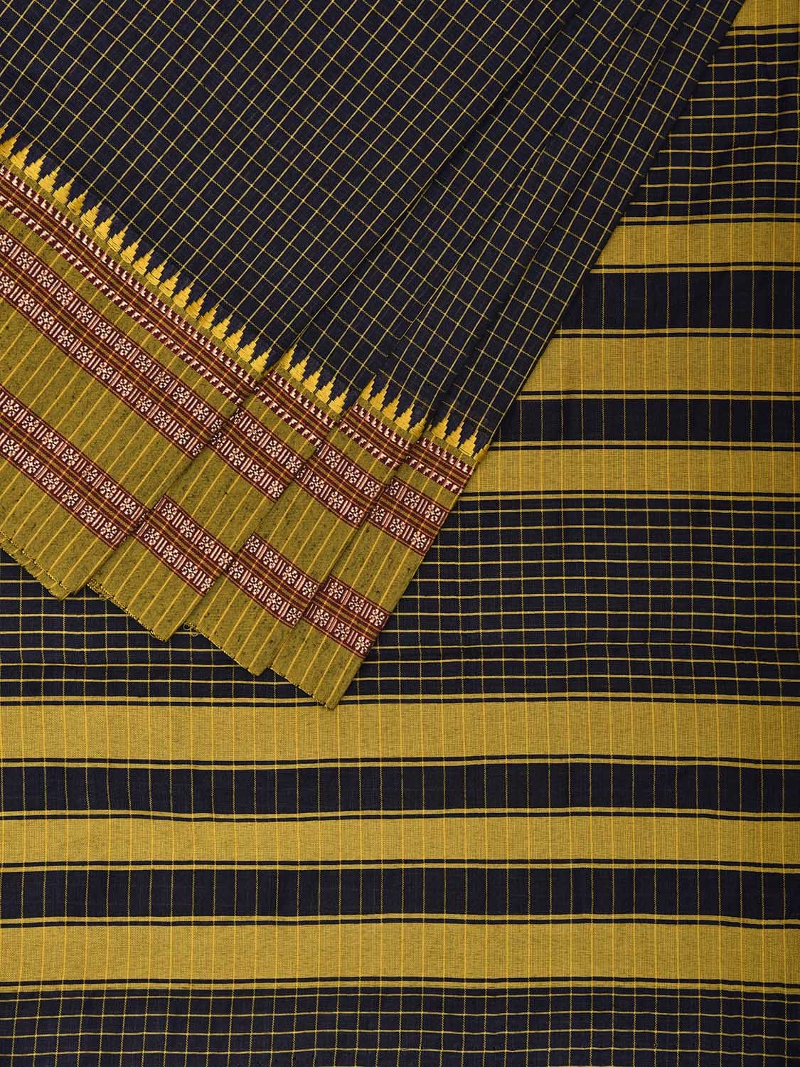 Navy and Green Bamboo Cotton Saree with Checks Design No Blouse bc0763