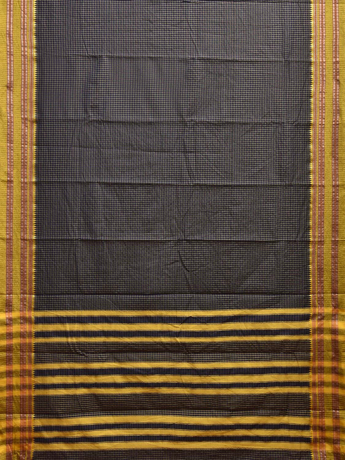 Navy and Green Bamboo Cotton Saree with Checks Design No Blouse bc0763