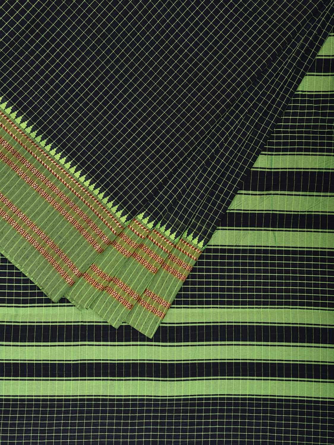 Navy and Green Bamboo Cotton Saree with Checks Design No Blouse bc0777