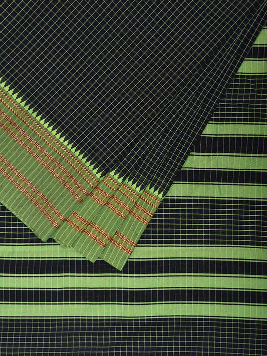 Navy and Green Bamboo Cotton Saree with Checks Design No Blouse bc0777
