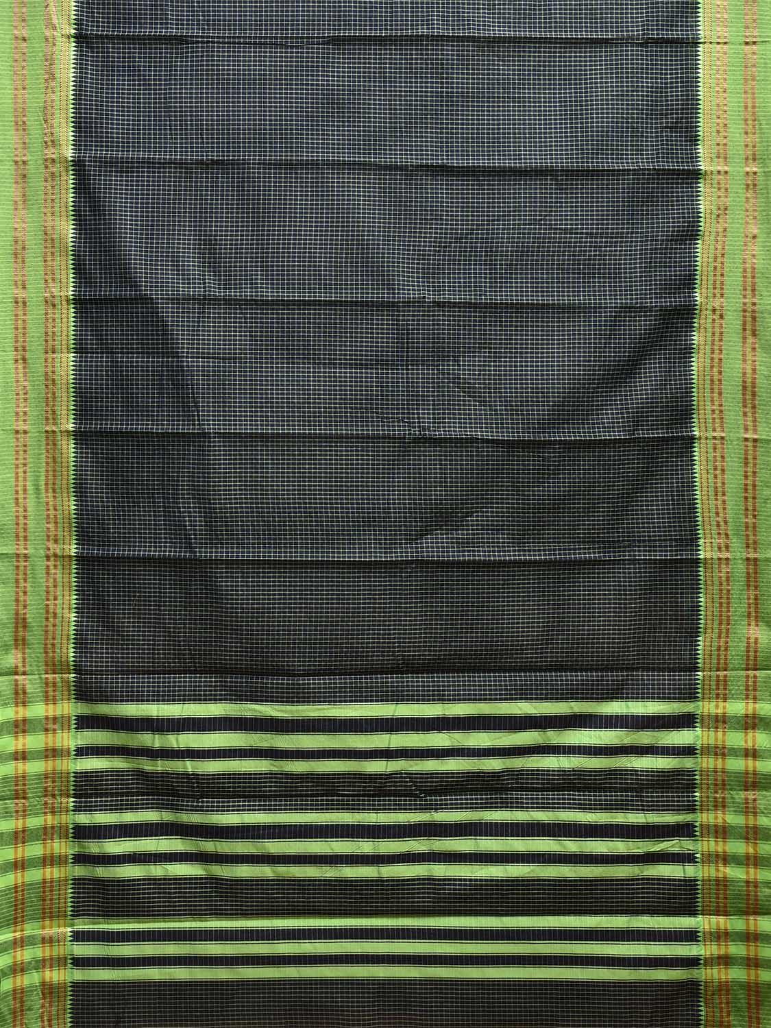 Navy and Green Bamboo Cotton Saree with Checks Design No Blouse bc0777