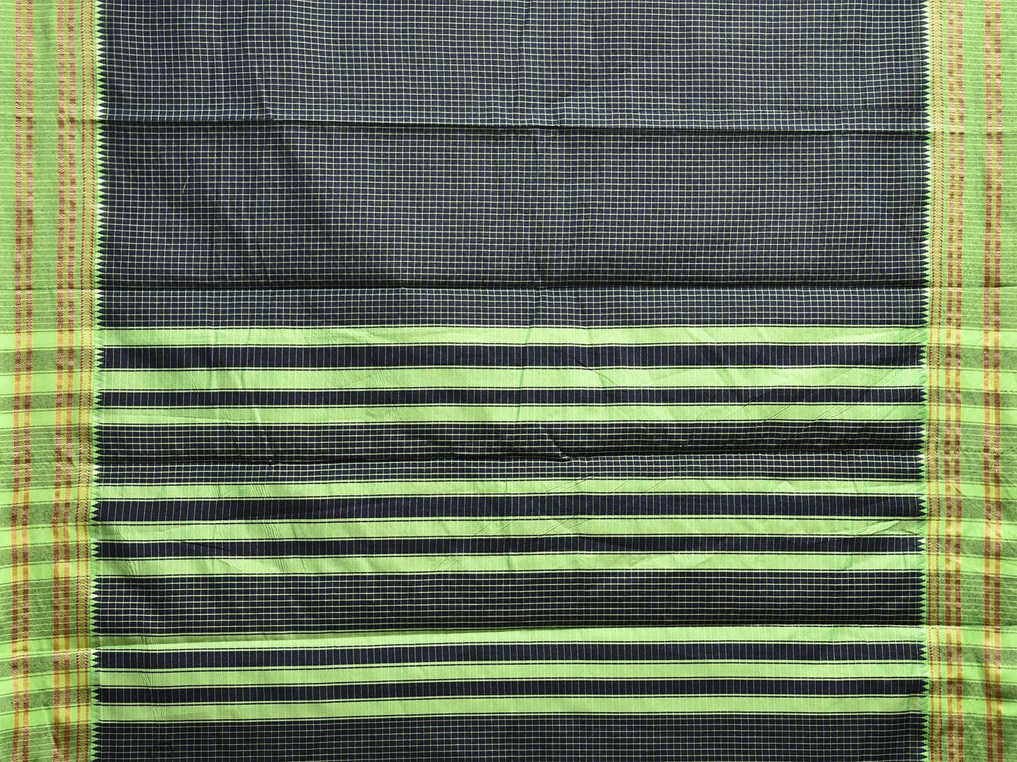 Navy and Green Bamboo Cotton Saree with Checks Design No Blouse bc0777