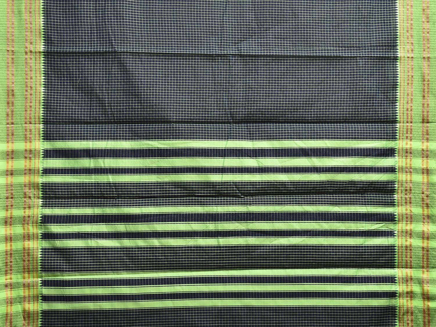 Navy and Green Bamboo Cotton Saree with Checks Design No Blouse bc0777