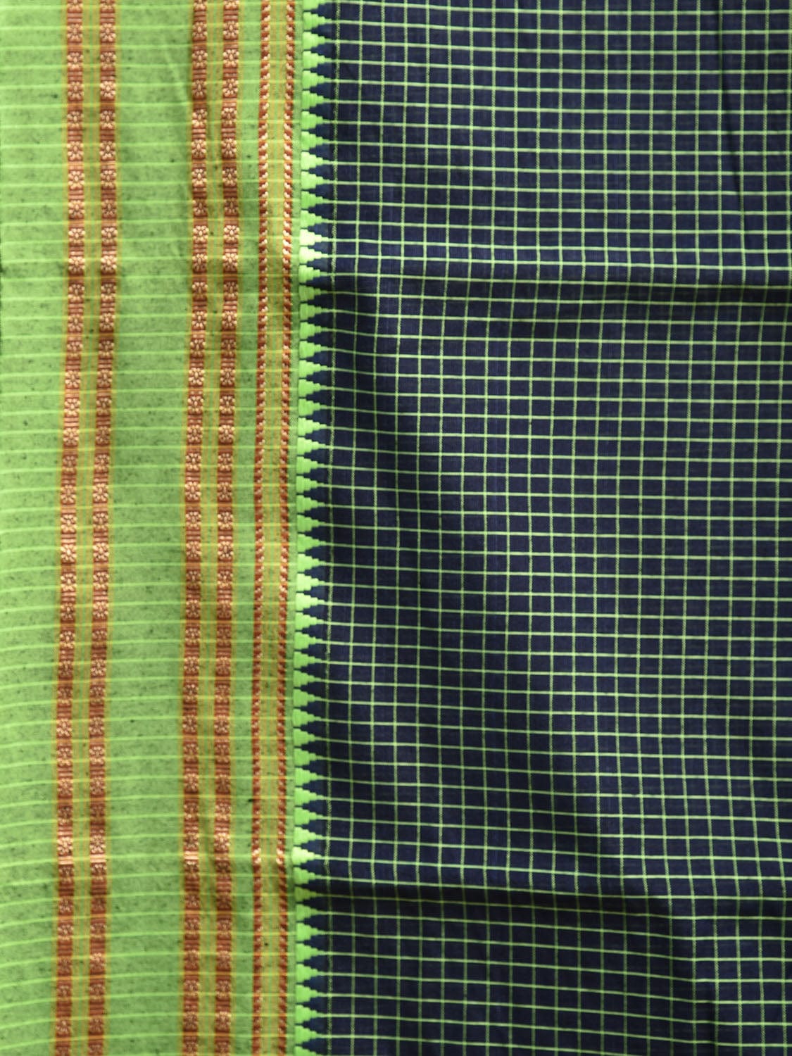 Navy and Green Bamboo Cotton Saree with Checks Design No Blouse bc0777