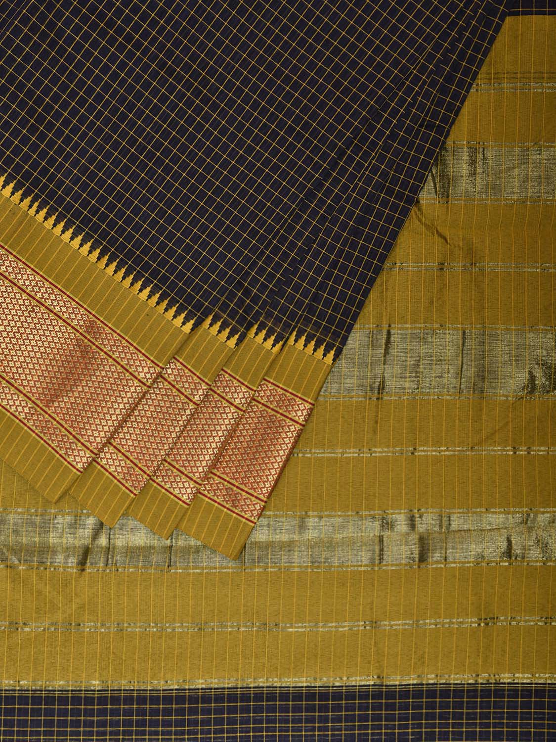 Navy and Green Bamboo Cotton Saree with Checks Design No Blouse bc0781