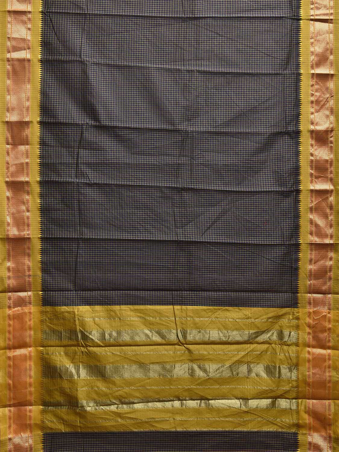 Navy and Green Bamboo Cotton Saree with Checks Design No Blouse bc0781