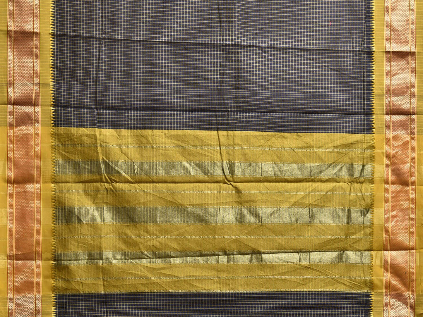 Navy and Green Bamboo Cotton Saree with Checks Design No Blouse bc0781