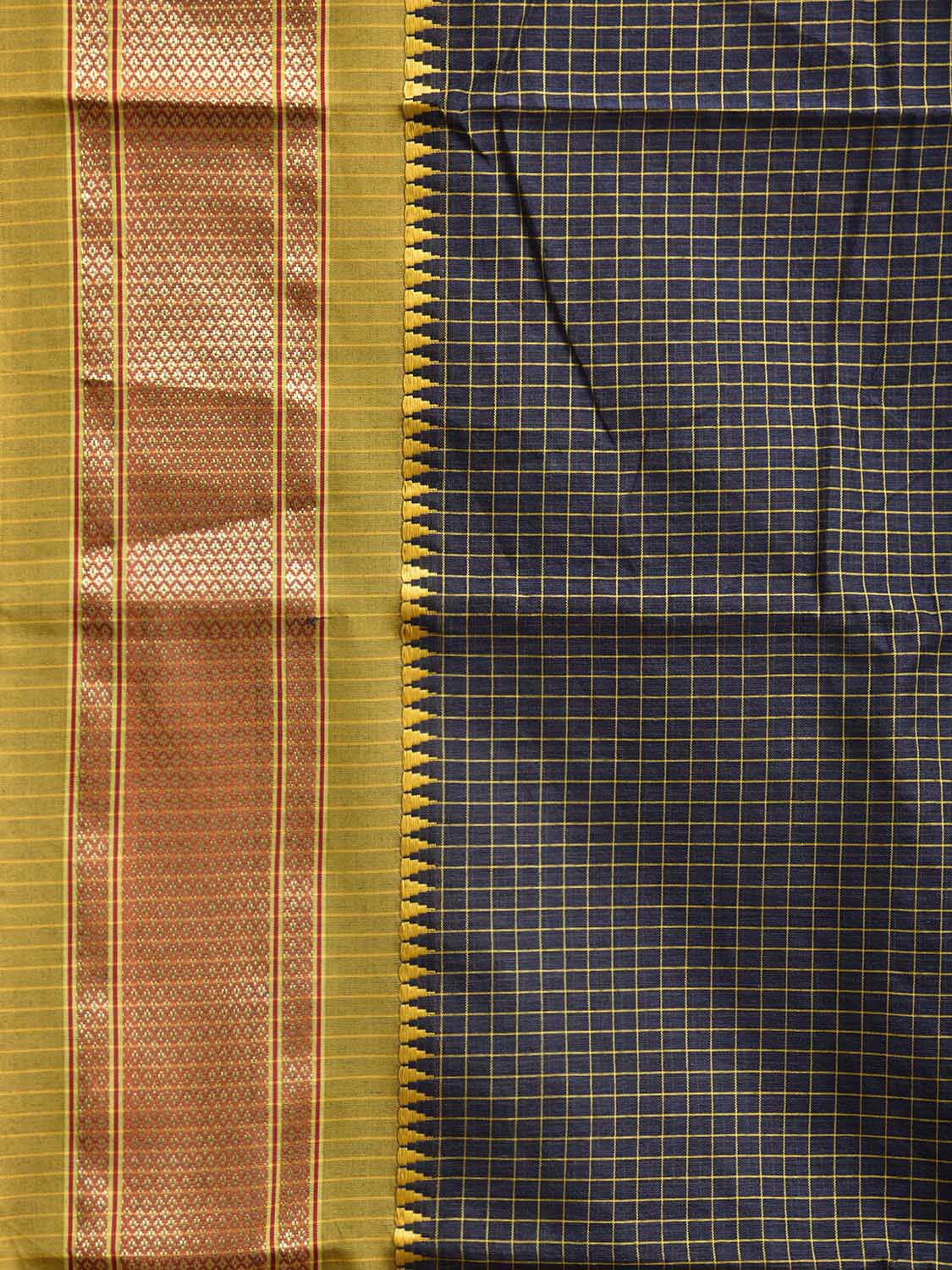 Navy and Green Bamboo Cotton Saree with Checks Design No Blouse bc0781