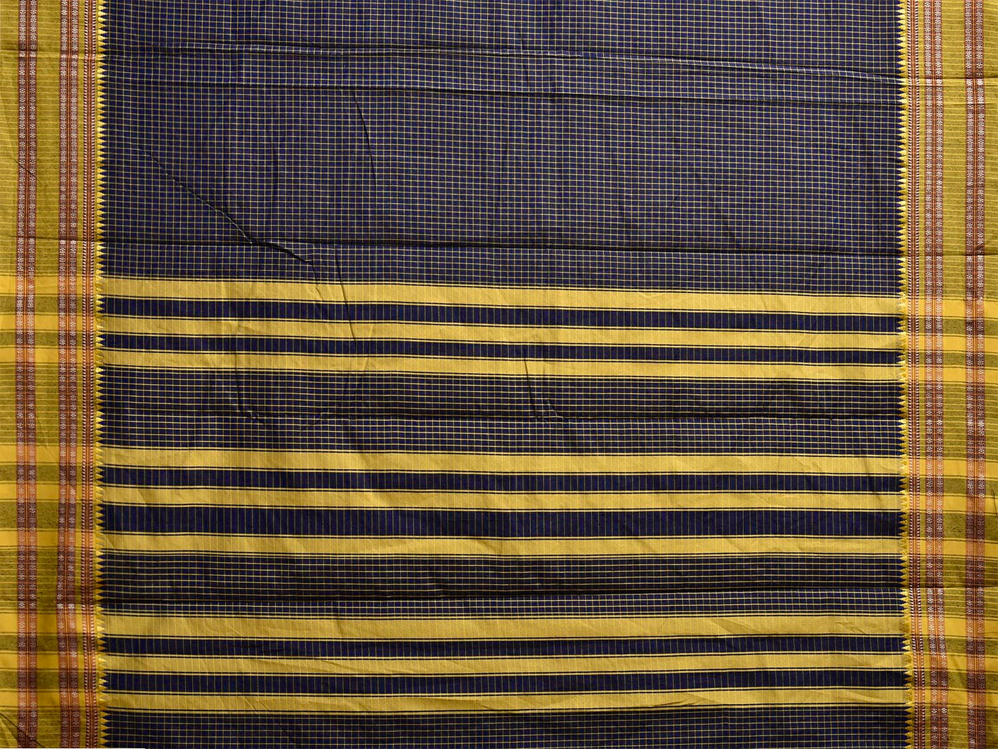 Navy and Green Bamboo Cotton Saree with Checks Design No Blouse bc0803