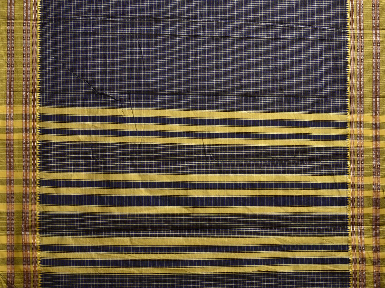 Navy and Green Bamboo Cotton Saree with Checks Design No Blouse bc0803