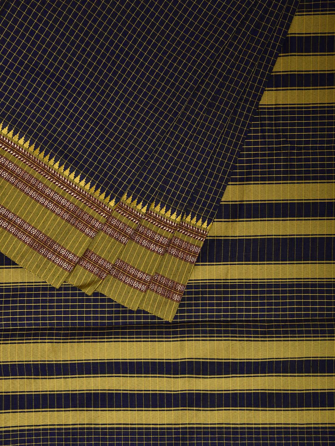 Navy and Green Bamboo Cotton Saree with Checks Design No Blouse bc0803