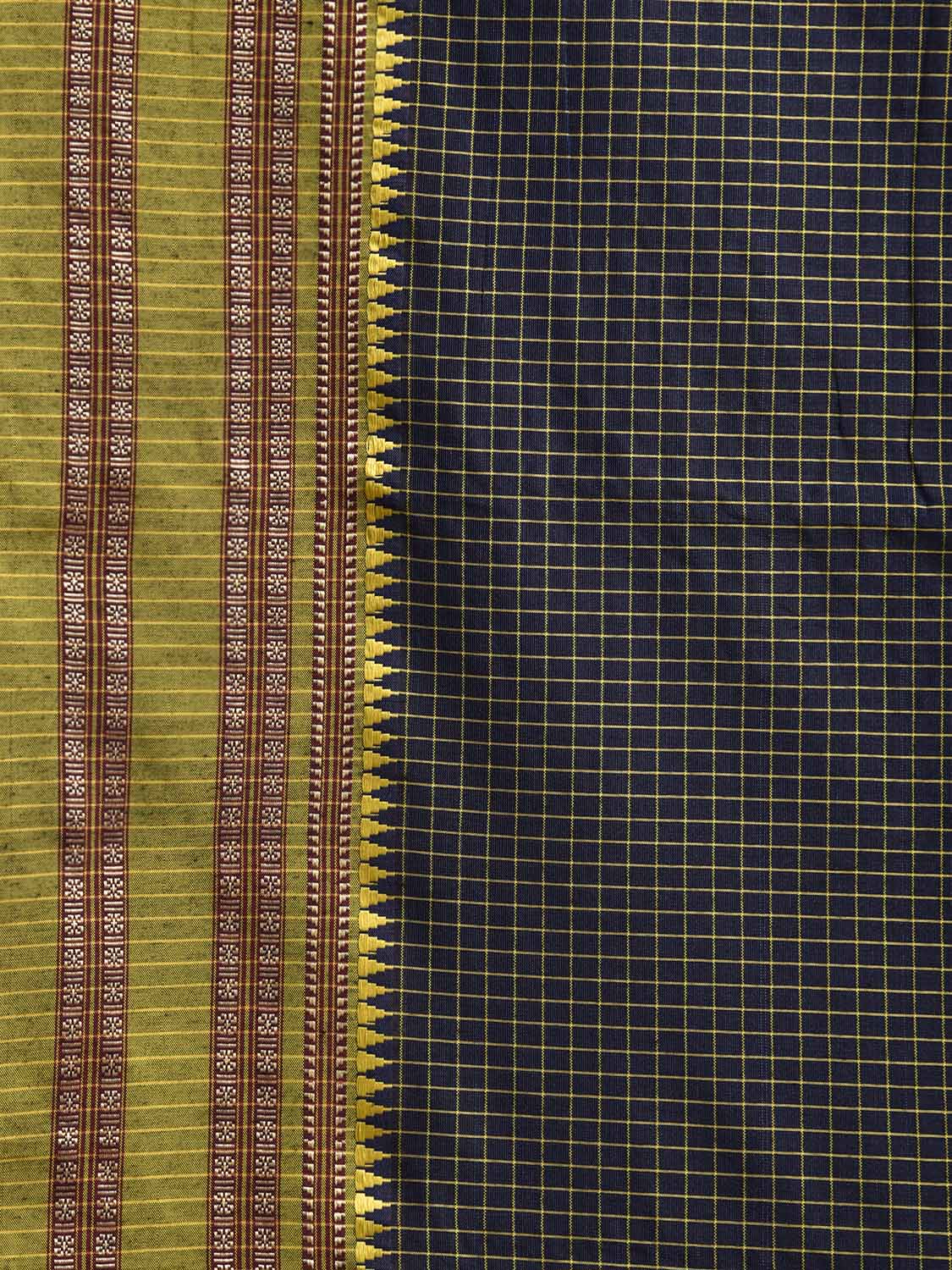 Navy and Green Bamboo Cotton Saree with Checks Design No Blouse bc0803