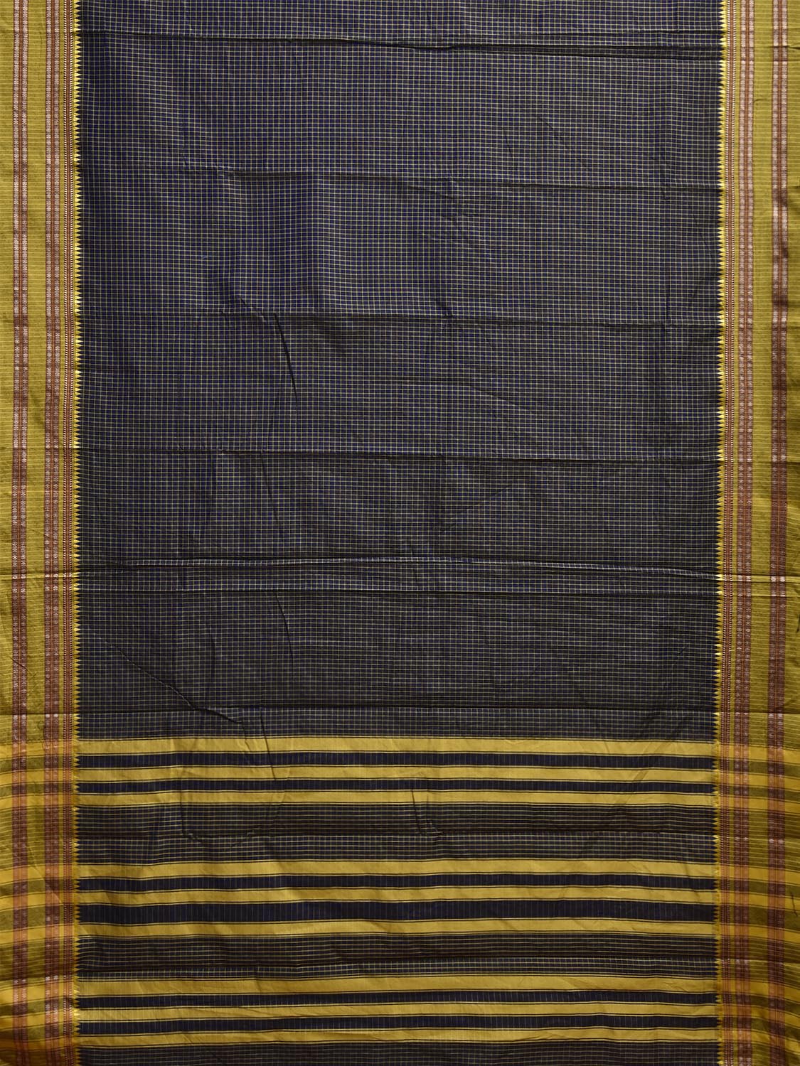 Navy and Green Bamboo Cotton Saree with Checks Design No Blouse bc0803