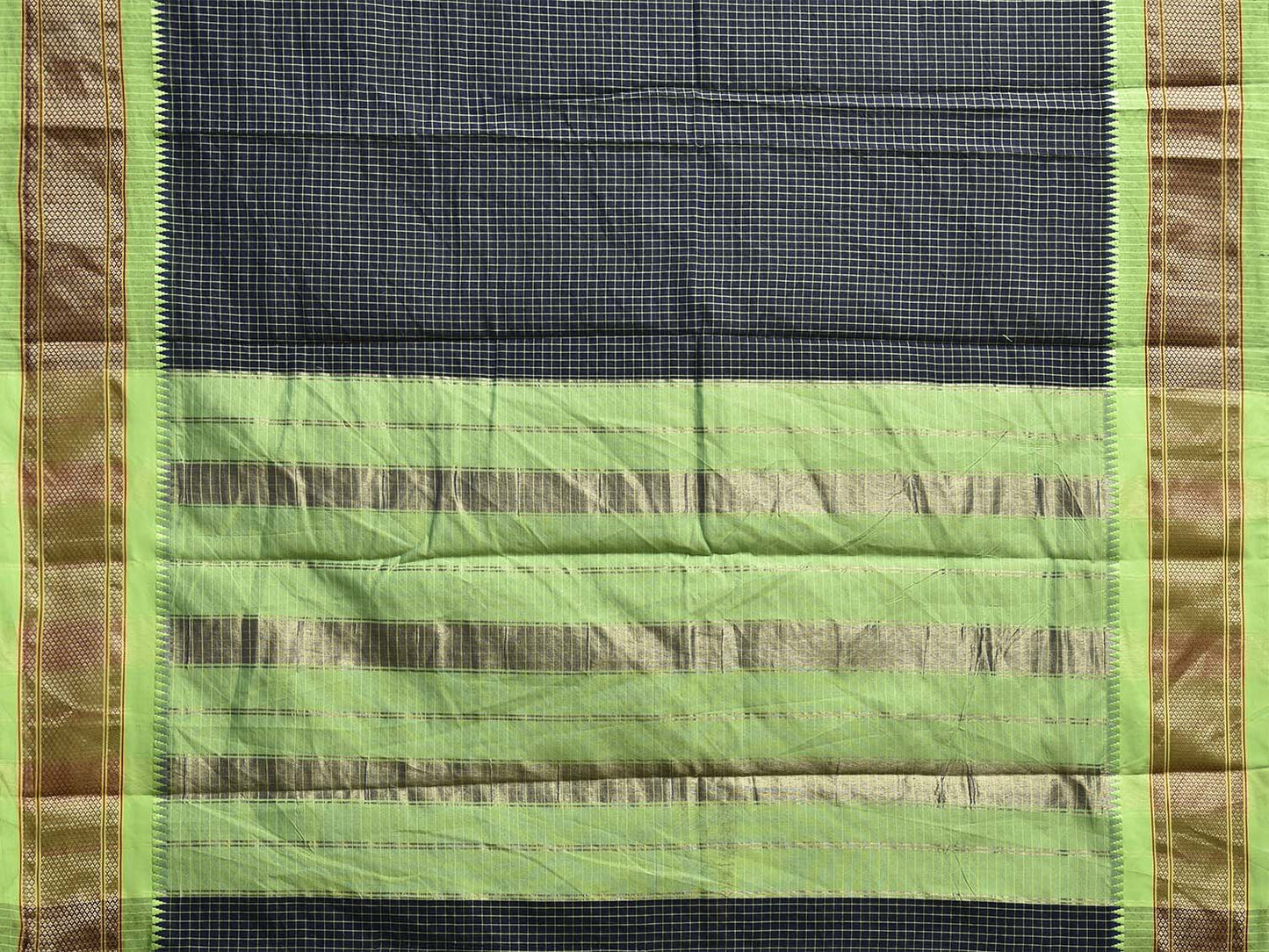 Navy and Green Bamboo Cotton Saree with Checks Design No Blouse bc0816