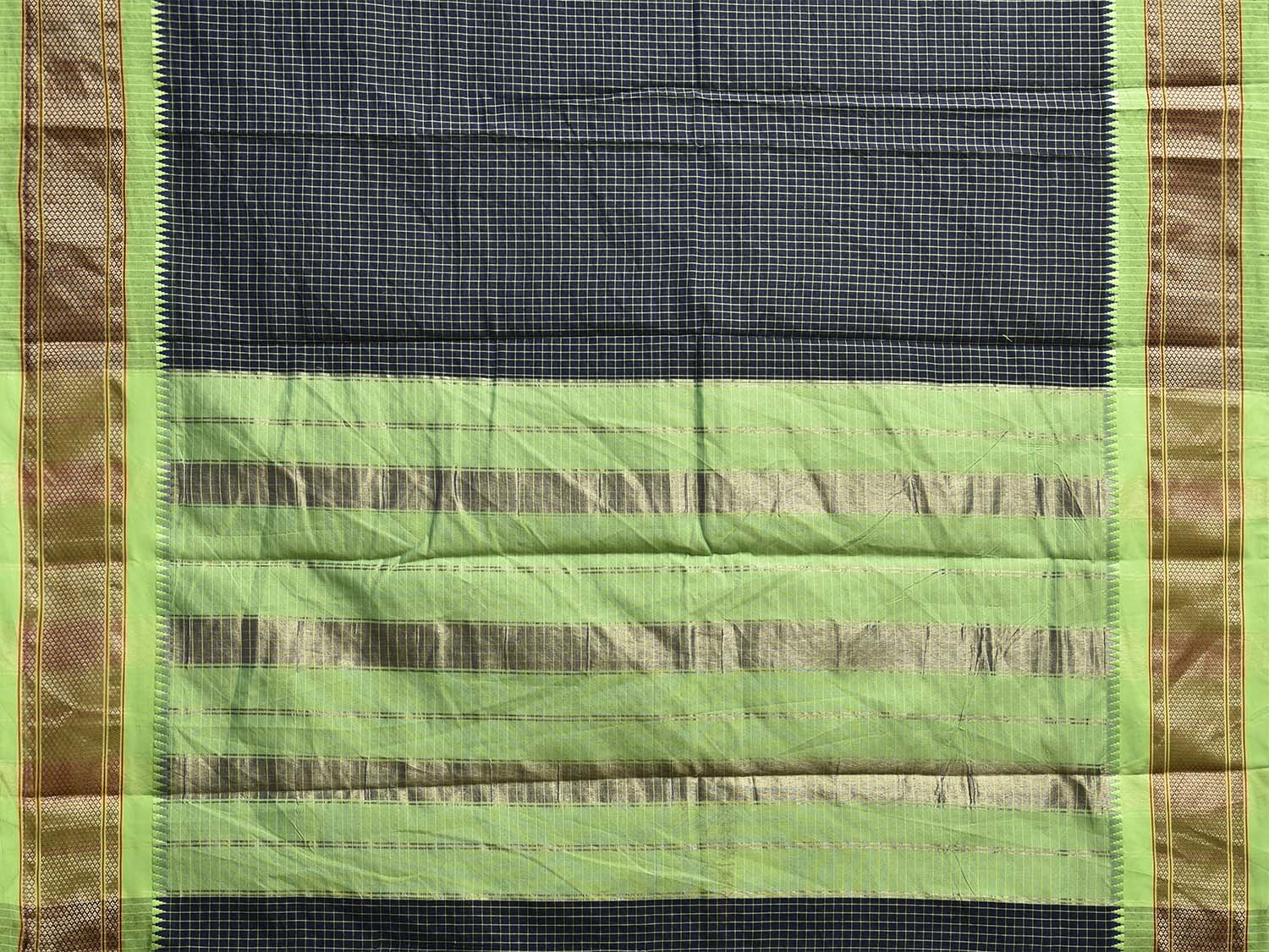 Navy and Green Bamboo Cotton Saree with Checks Design No Blouse bc0816