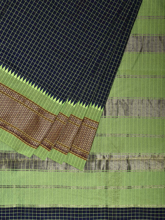 Navy and Green Bamboo Cotton Saree with Checks Design No Blouse bc0816