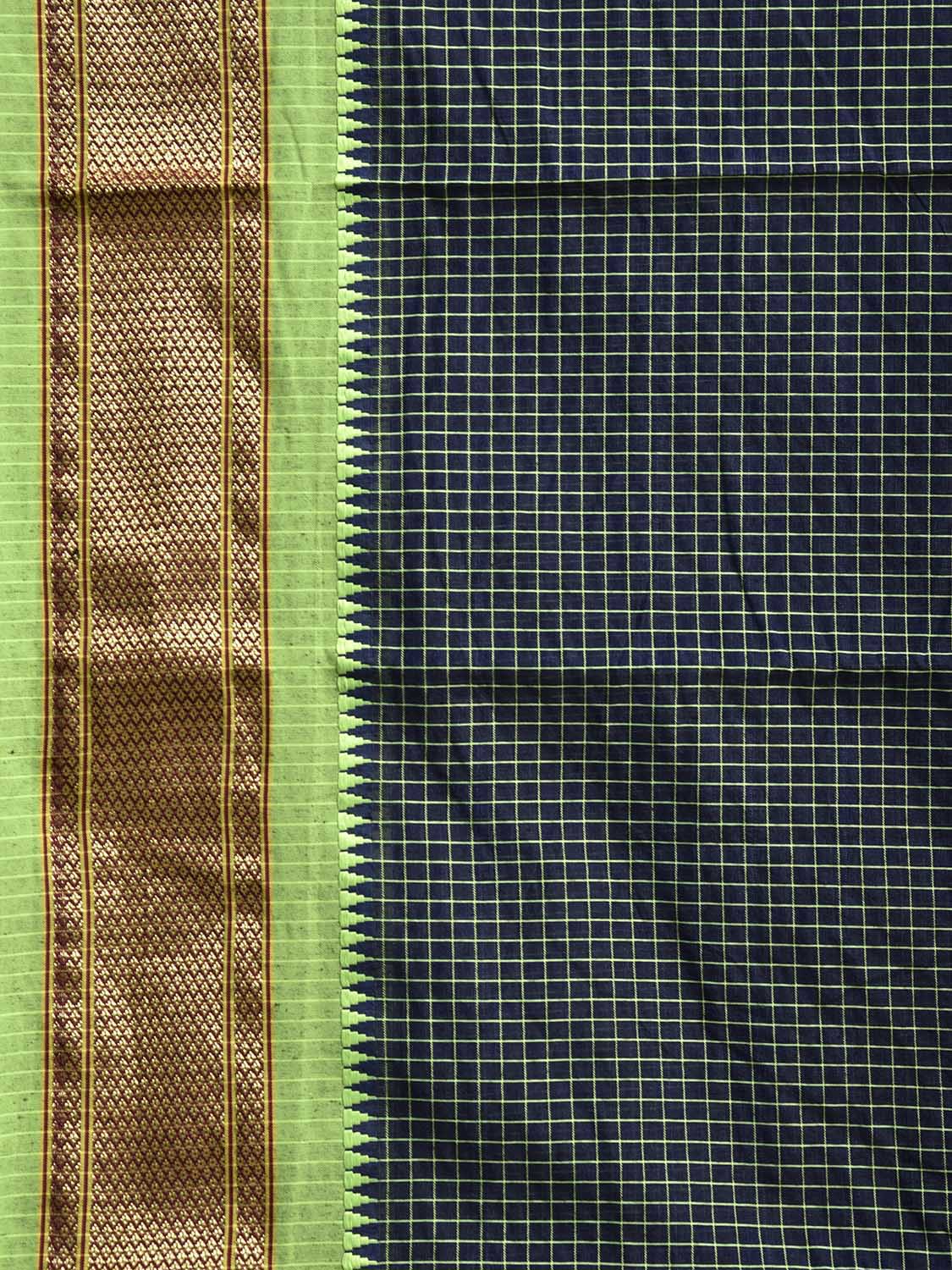 Navy and Green Bamboo Cotton Saree with Checks Design No Blouse bc0816