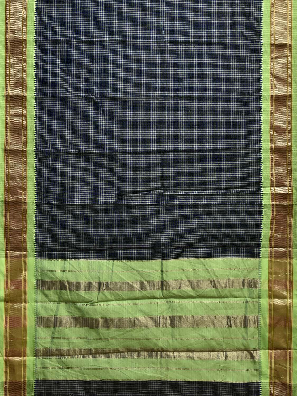 Navy and Green Bamboo Cotton Saree with Checks Design No Blouse bc0816