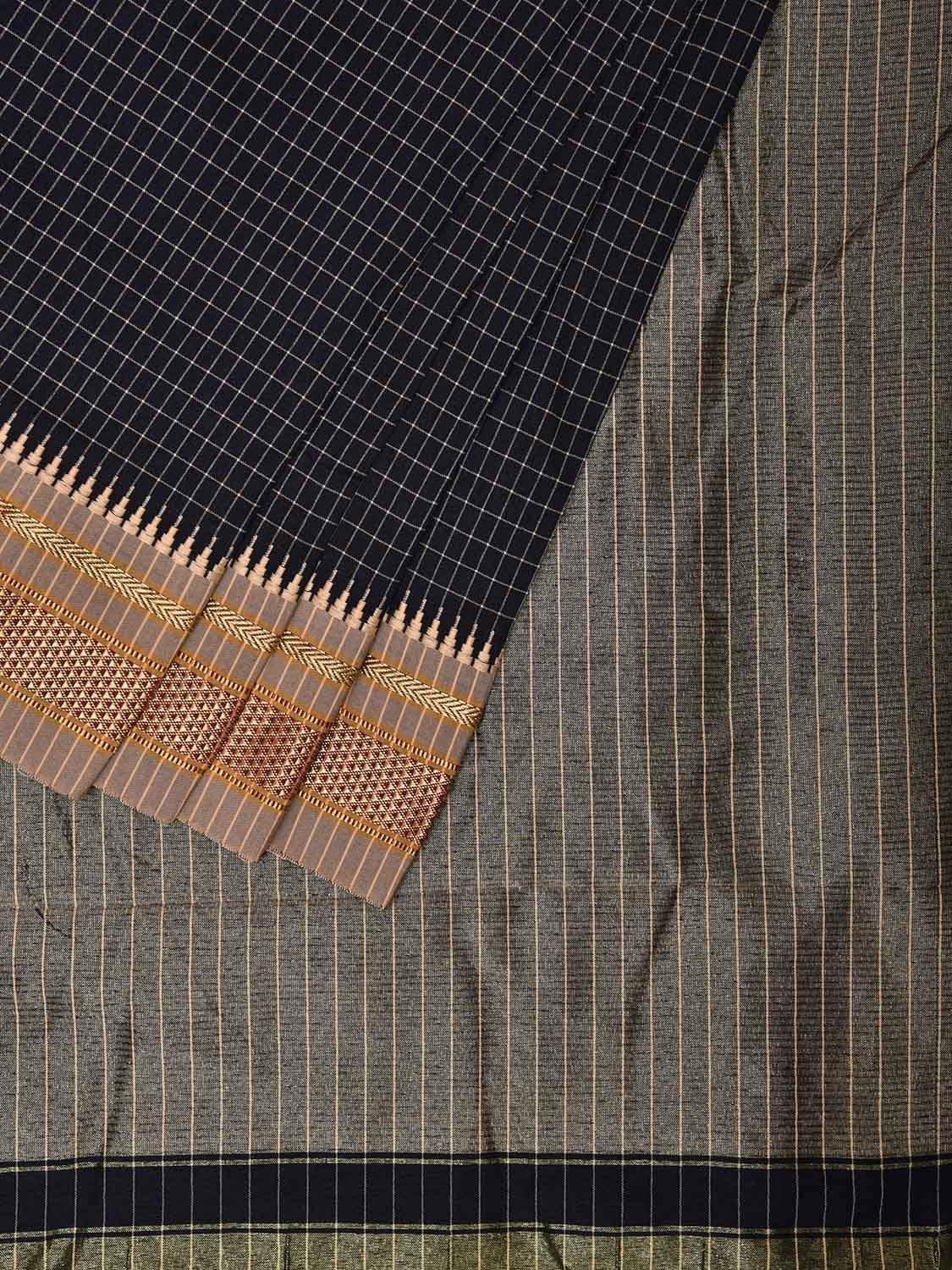 Navy and Light Grey Bamboo Cotton Viscose Silk Saree with Checks and Contrast Pallu Design No Blouse bc0580