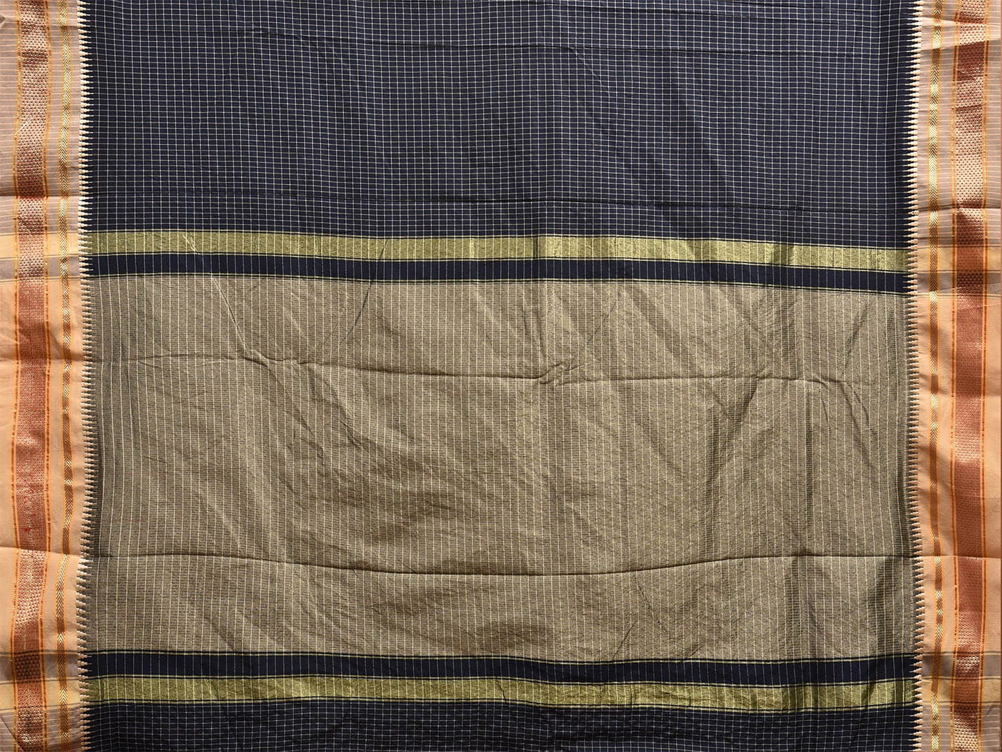 Navy and Light Grey Bamboo Cotton Viscose Silk Saree with Checks and Contrast Pallu Design No Blouse bc0580