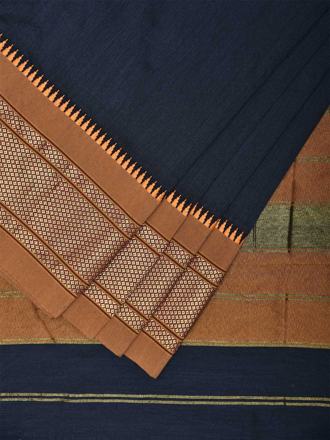 Navy and Mustard Bamboo Cotton Plain Saree with Contrast Pallu Design No Blouse bc0632