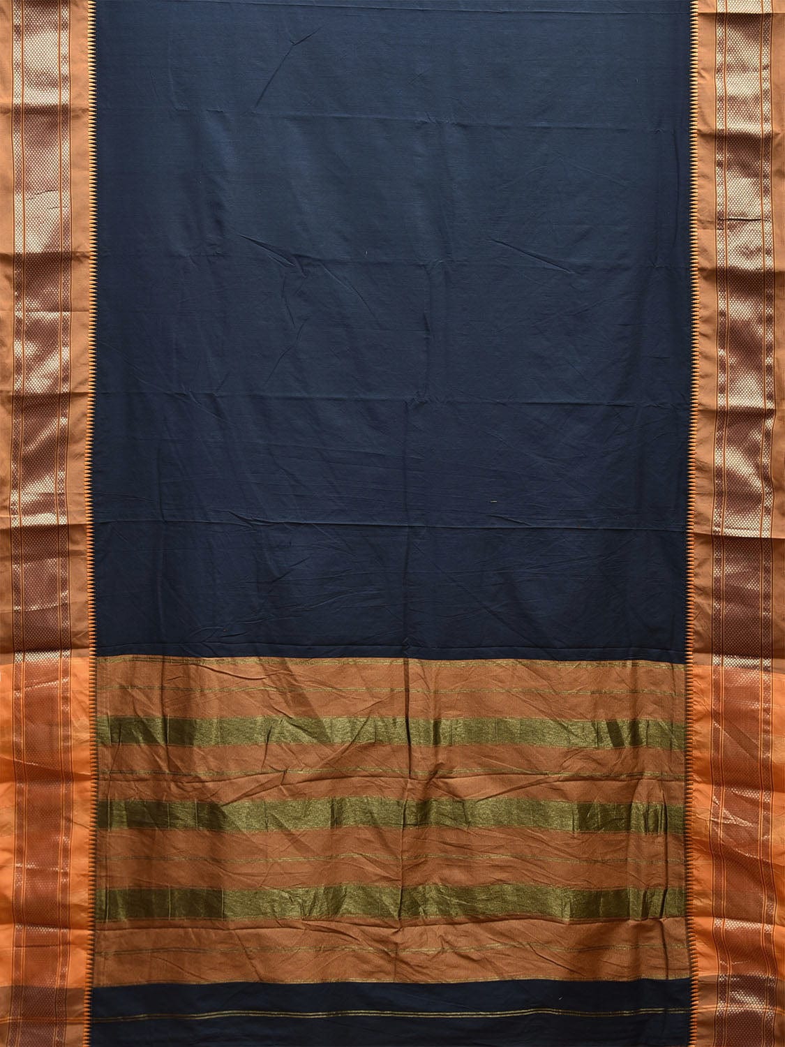 Navy and Mustard Bamboo Cotton Plain Saree with Contrast Pallu Design No Blouse bc0632