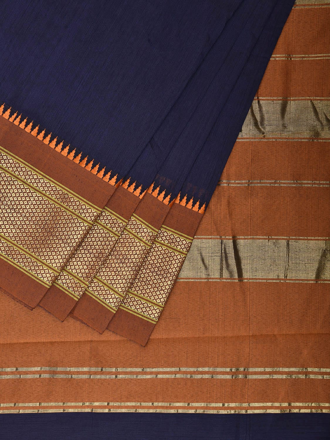 Navy and Mustard Bamboo Cotton Plain Saree with Contrast Pallu Design No Blouse bc0783