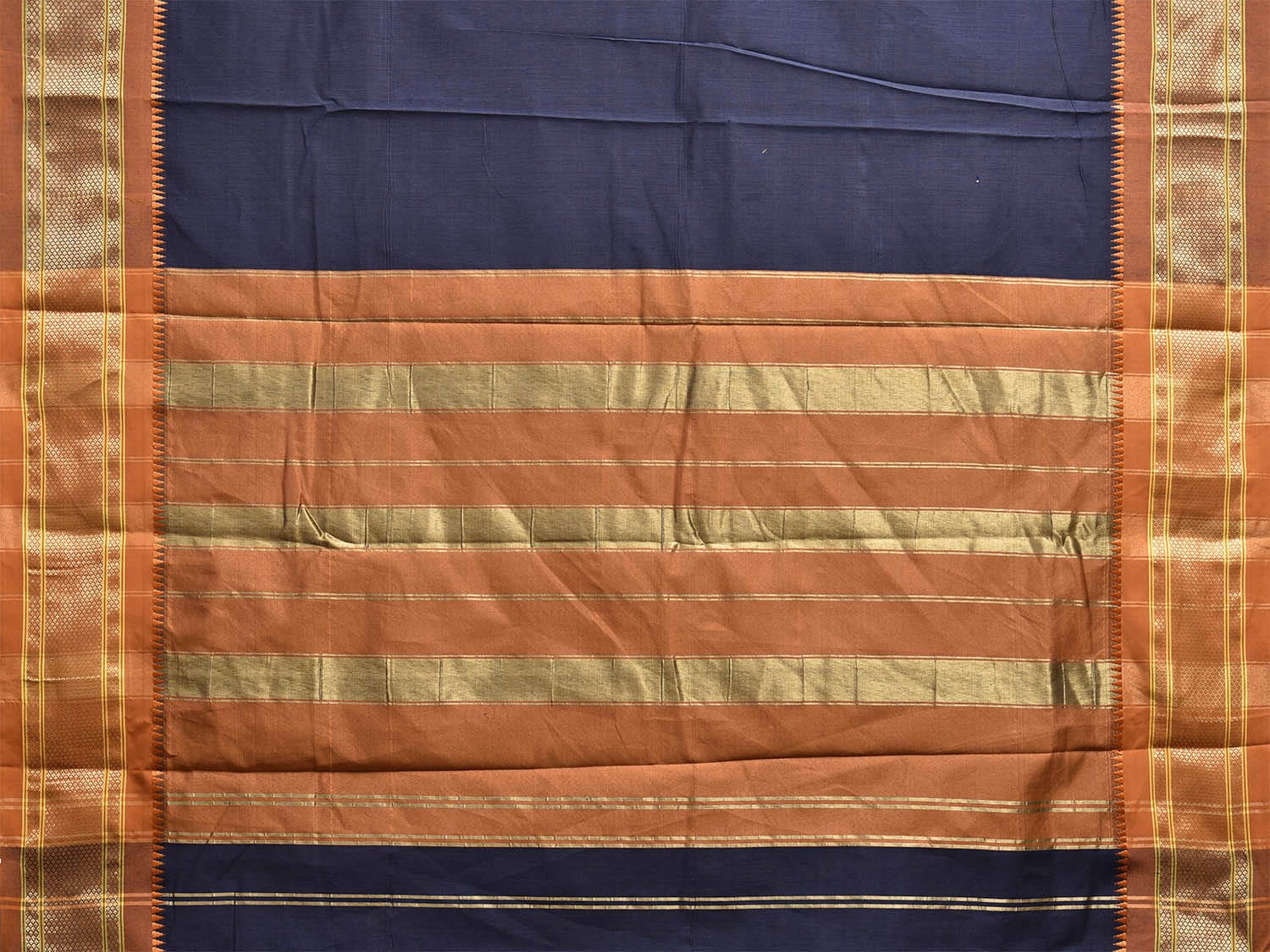 Navy and Mustard Bamboo Cotton Plain Saree with Contrast Pallu Design No Blouse bc0783