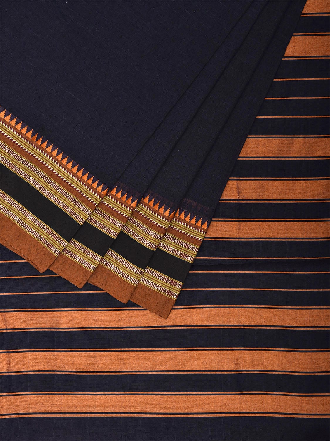Navy and Mustard Bamboo Cotton Plain Saree with Strips Pallu Design No Blouse bc0786
