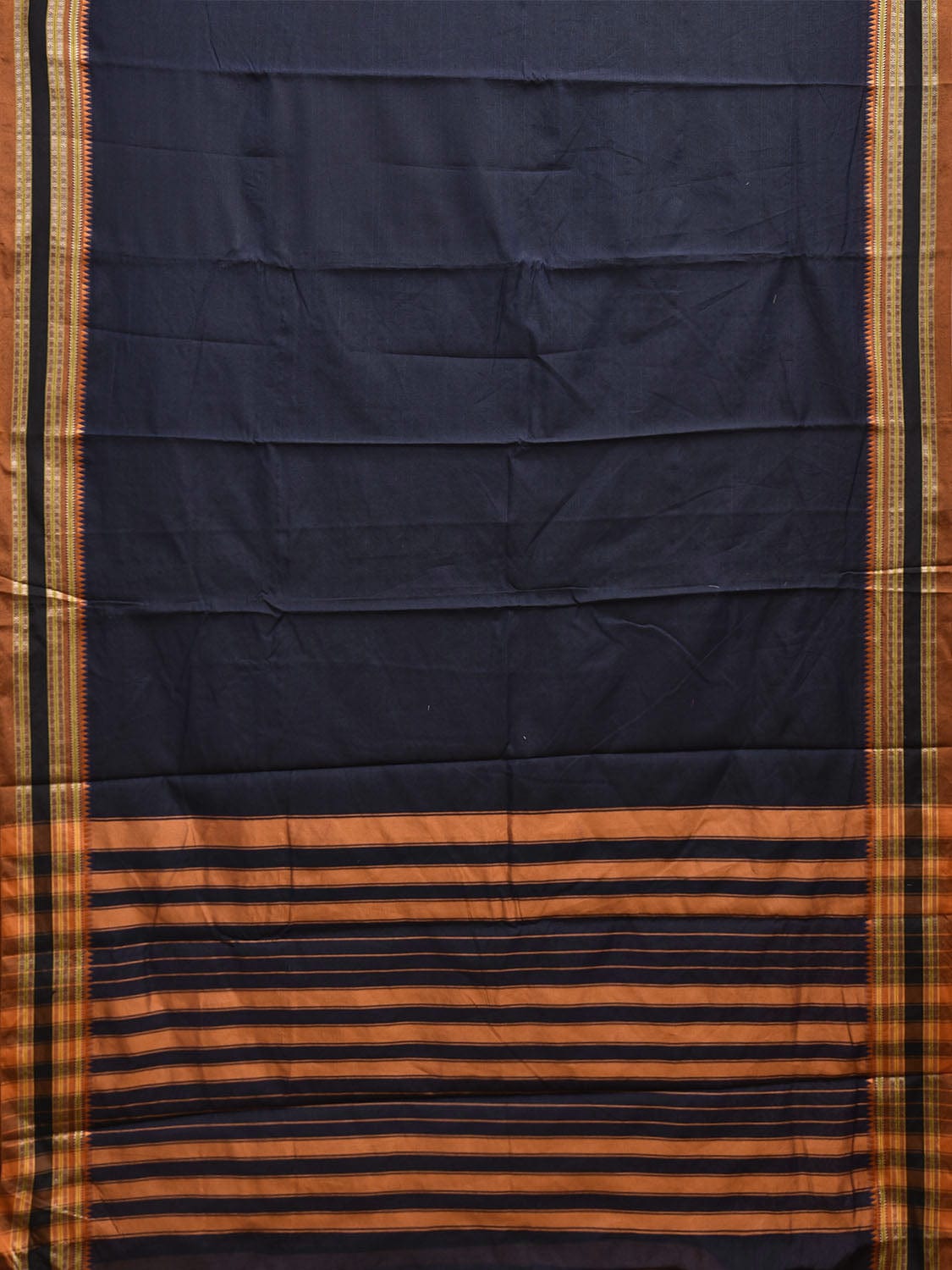 Navy and Mustard Bamboo Cotton Plain Saree with Strips Pallu Design No Blouse bc0786