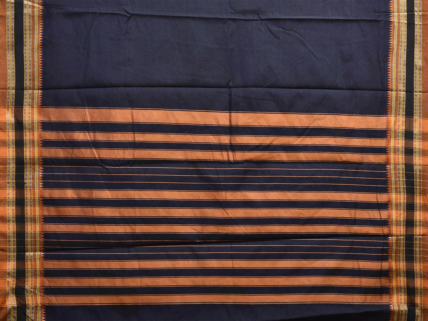 Navy and Mustard Bamboo Cotton Plain Saree with Strips Pallu Design No Blouse bc0786