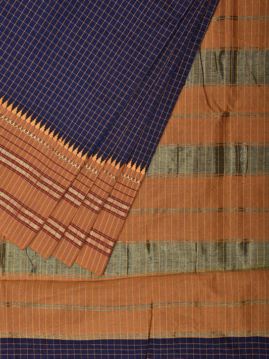 Navy and Mustard Bamboo Cotton Viscose Silk Saree with Checks and Contrast Pallu Design No Blouse bc0637