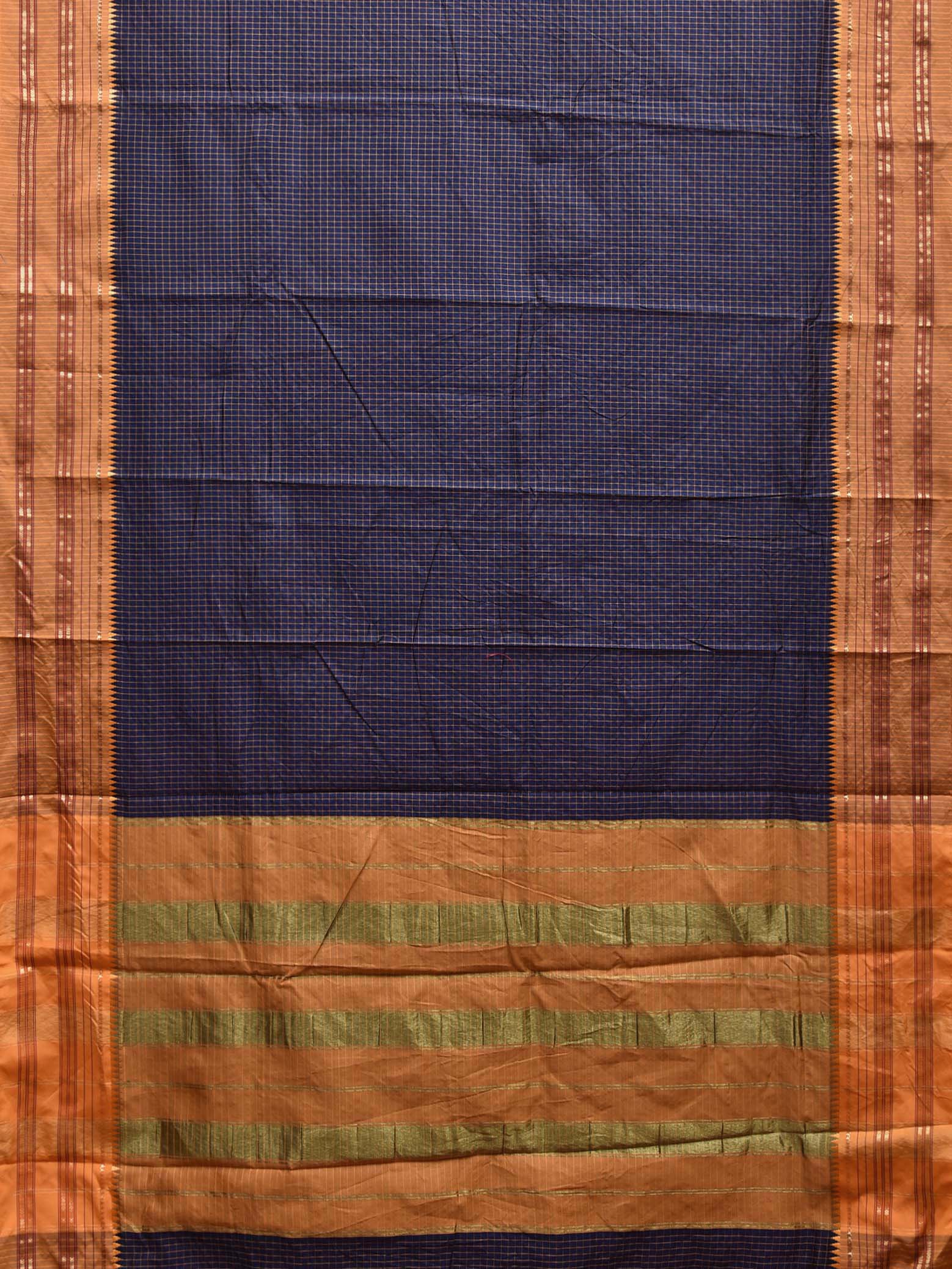 Navy and Mustard Bamboo Cotton Viscose Silk Saree with Checks and Contrast Pallu Design No Blouse bc0637