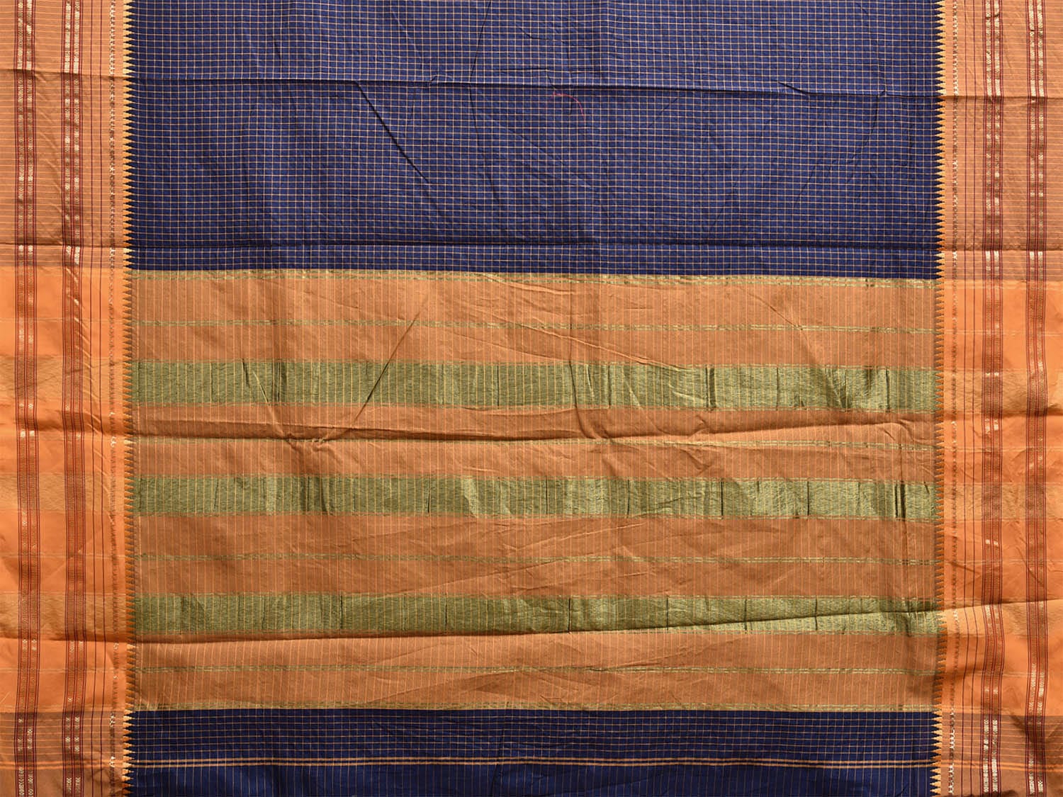 Navy and Mustard Bamboo Cotton Viscose Silk Saree with Checks and Contrast Pallu Design No Blouse bc0637