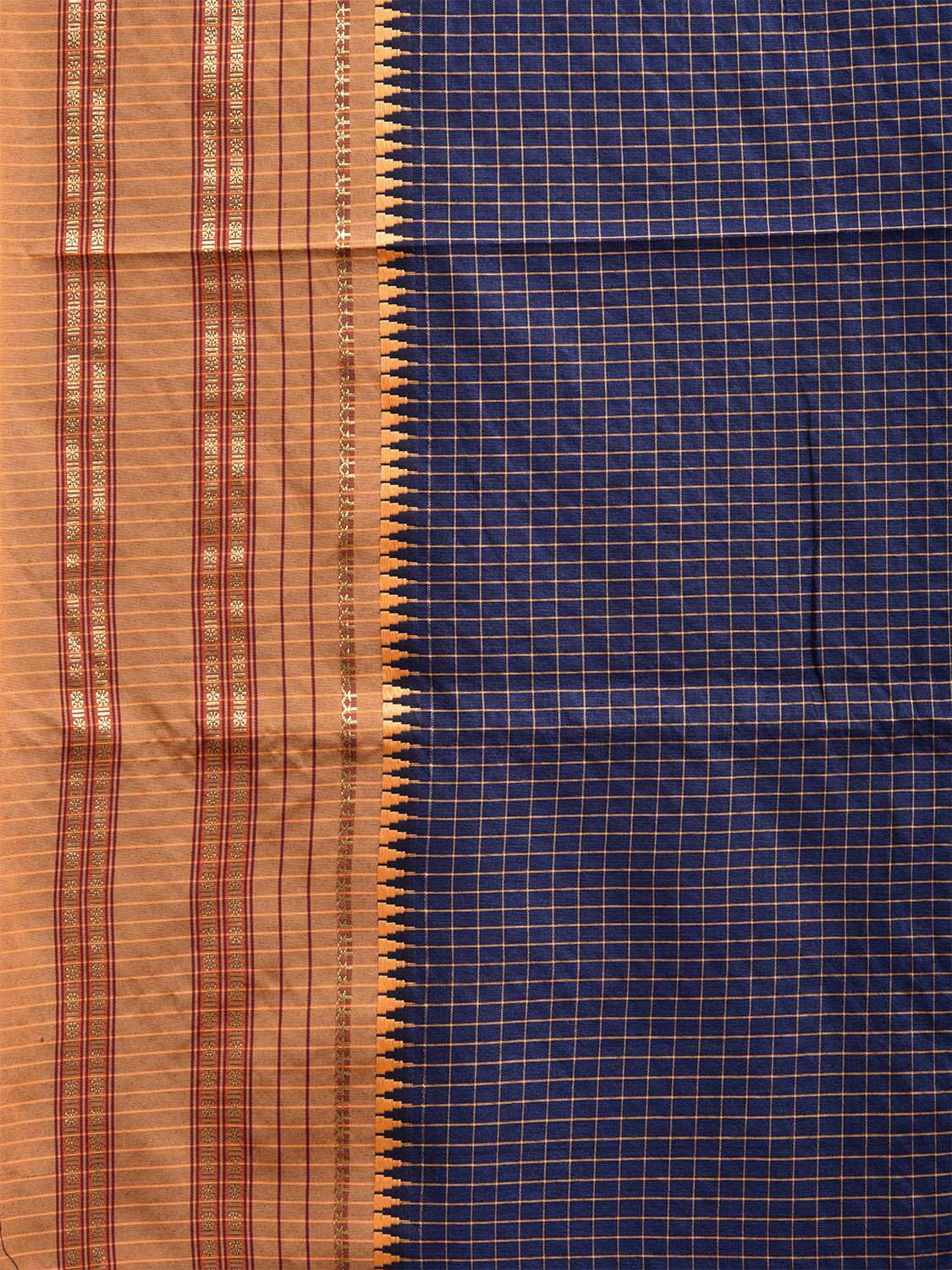 Navy and Mustard Bamboo Cotton Viscose Silk Saree with Checks and Contrast Pallu Design No Blouse bc0637