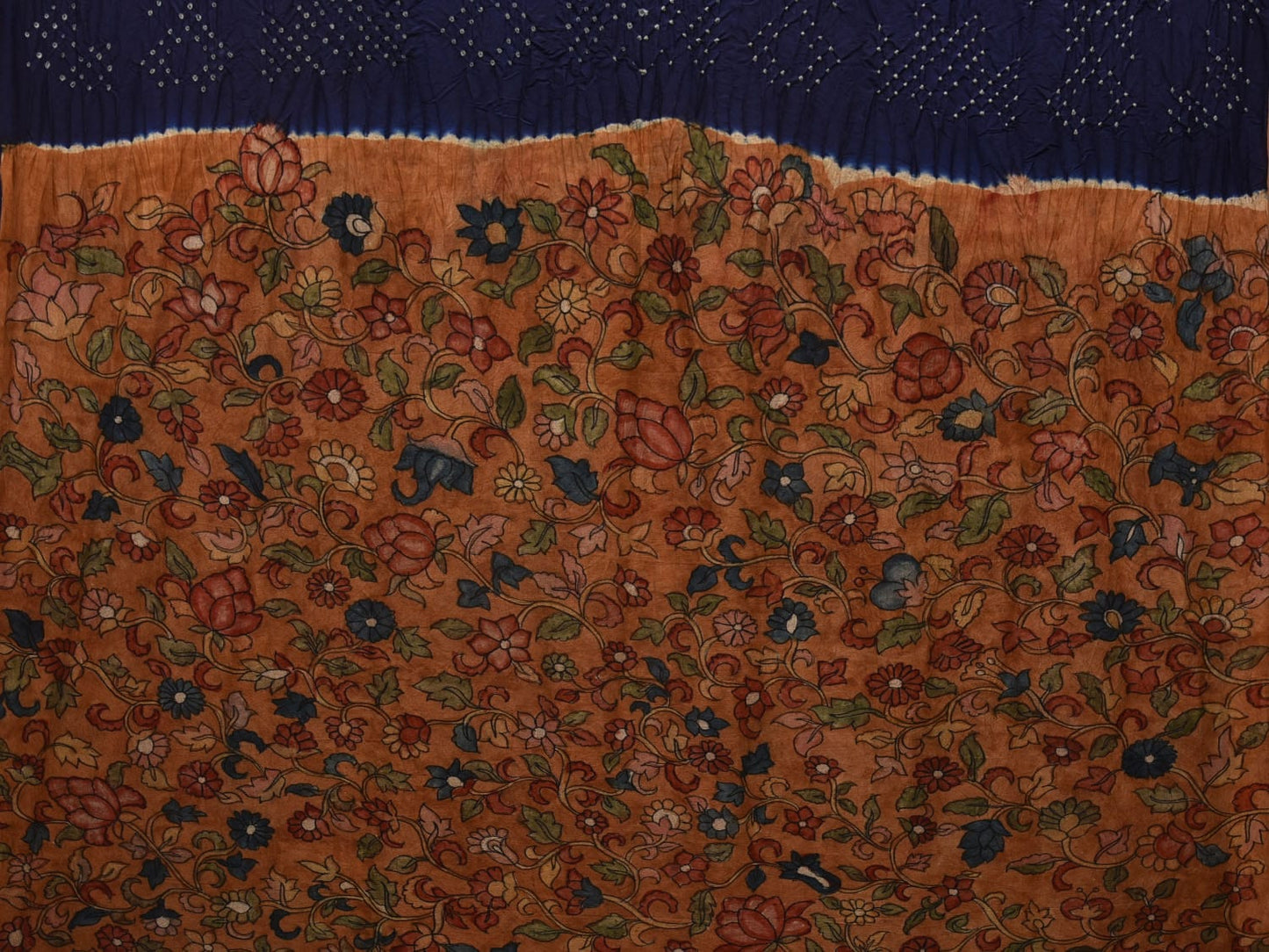 Navy and Mustard Bandhani Silk Handloom Saree with Kalamkari Pallu and Blouse Design bn0443