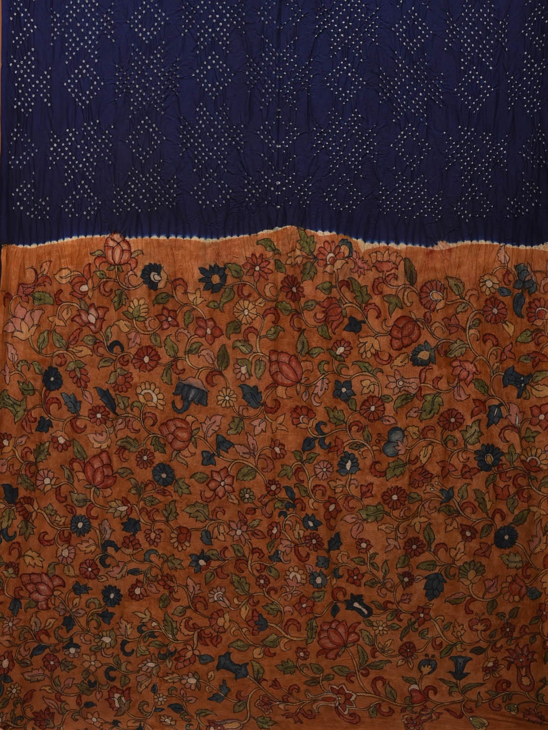 Navy and Mustard Bandhani Silk Handloom Saree with Kalamkari Pallu and Blouse Design bn0443