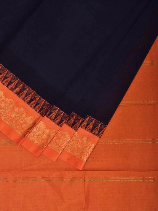 Navy and Orange Gadwal Cotton Plain Saree with Strips and Contrast Pallu Design No Blouse g0462