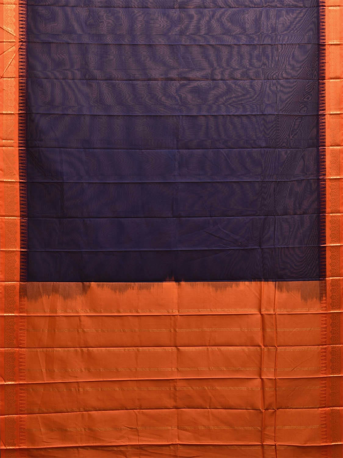 Navy and Orange Gadwal Cotton Plain Saree with Strips and Contrast Pallu Design No Blouse g0462