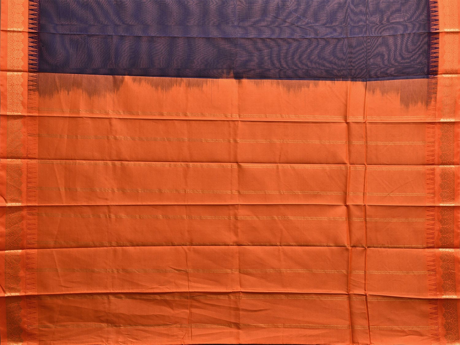 Navy and Orange Gadwal Cotton Plain Saree with Strips and Contrast Pallu Design No Blouse g0462