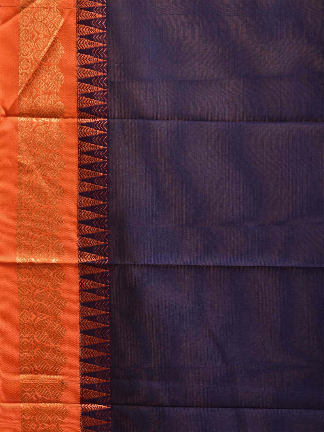 Navy and Orange Gadwal Cotton Plain Saree with Strips and Contrast Pallu Design No Blouse g0462