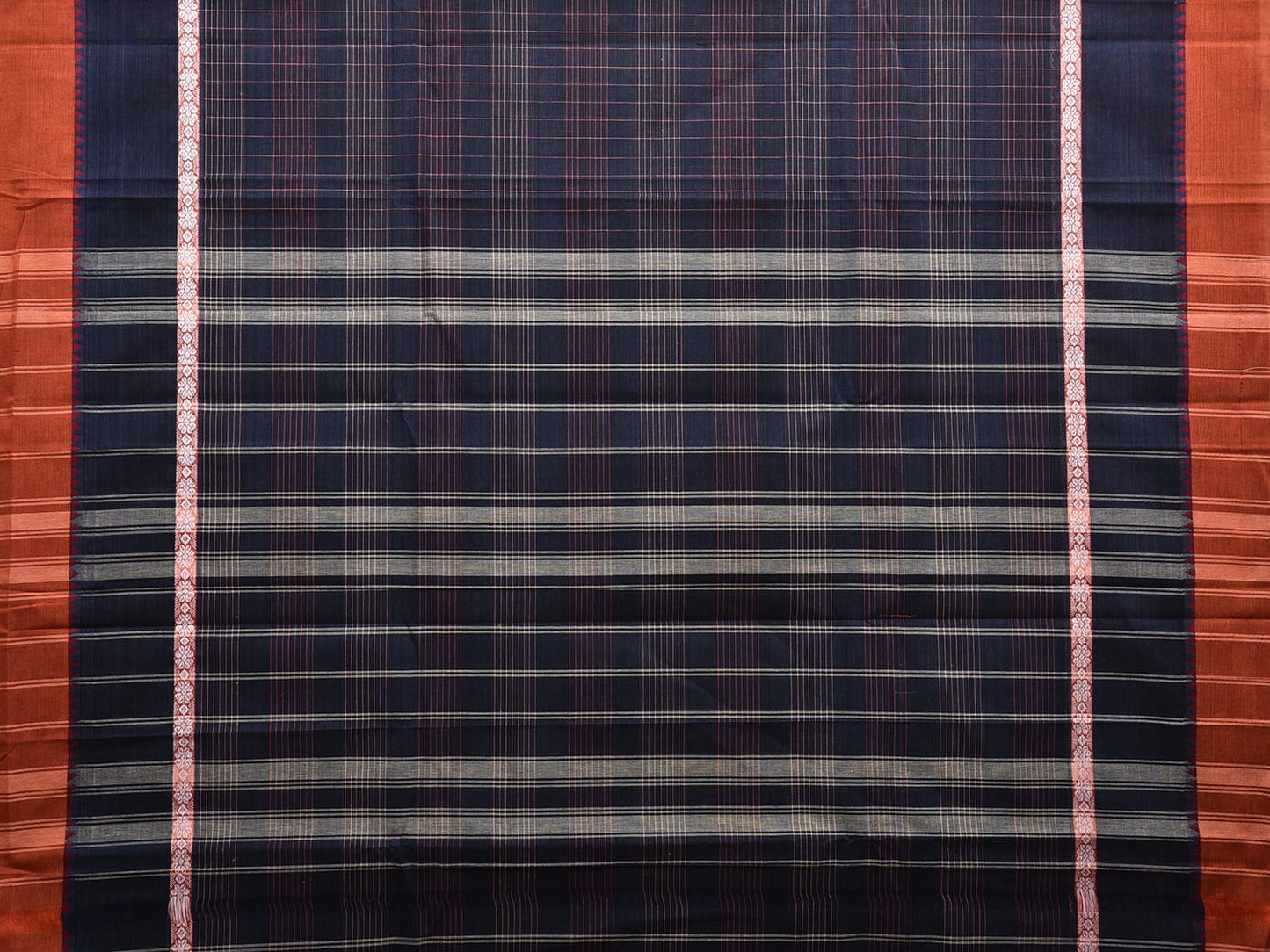 Navy and Orange Narayanpet Cotton Handloom Saree with Strips Design and Big Border No Blouse np1029